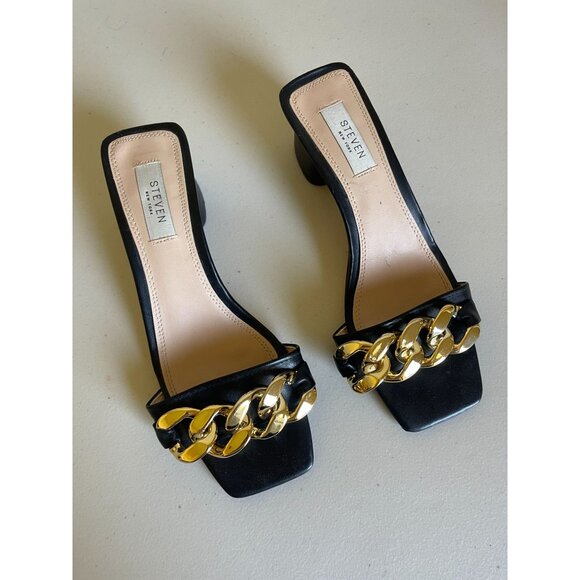 Steven New York Leona Black Leather Slip On Block Heel Square Toe Sandals Heels - Picture 7 of 9